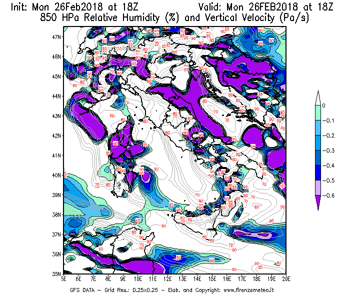 Mappa di analisi GFS - Umidità relativa [%] e Omega [Pa/s] a 850 hPa in Italia
							del 26/02/2018 18 <!--googleoff: index-->UTC<!--googleon: index-->