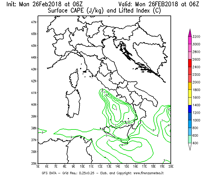 Mappa di analisi GFS - CAPE [J/kg] e Lifted Index [°C] in Italia
							del 26/02/2018 06 <!--googleoff: index-->UTC<!--googleon: index-->