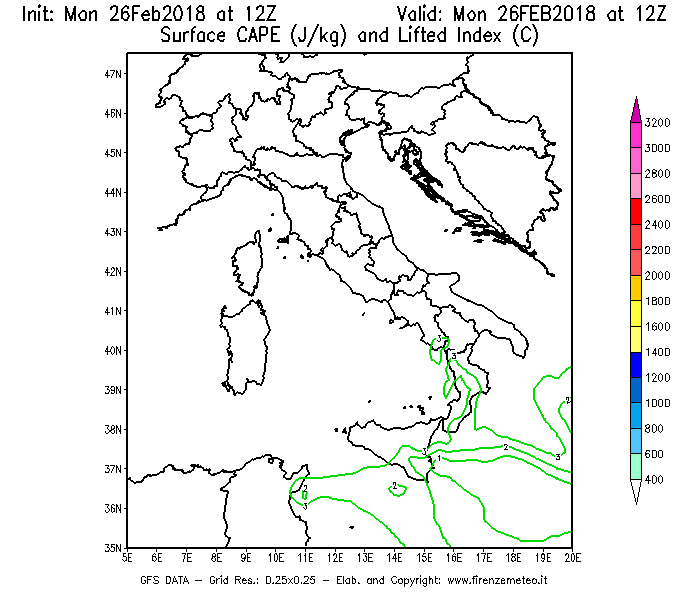 Mappa di analisi GFS - CAPE [J/kg] e Lifted Index [°C] in Italia
							del 26/02/2018 12 <!--googleoff: index-->UTC<!--googleon: index-->