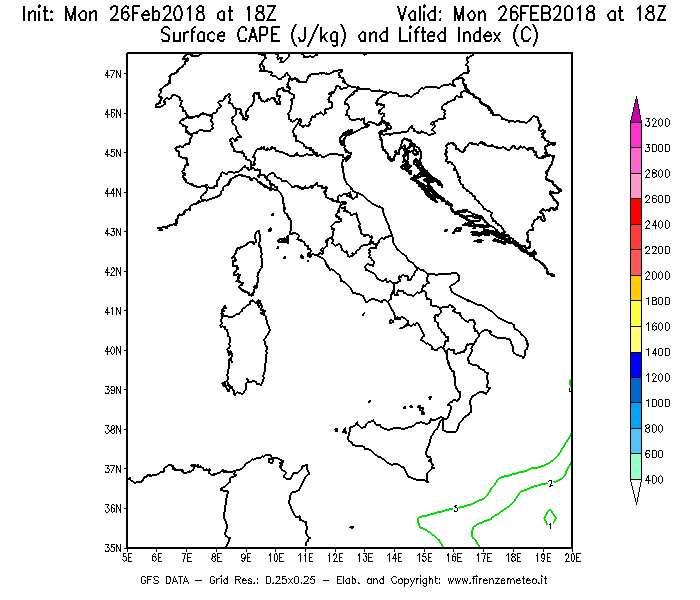 Mappa di analisi GFS - CAPE [J/kg] e Lifted Index [°C] in Italia
							del 26/02/2018 18 <!--googleoff: index-->UTC<!--googleon: index-->