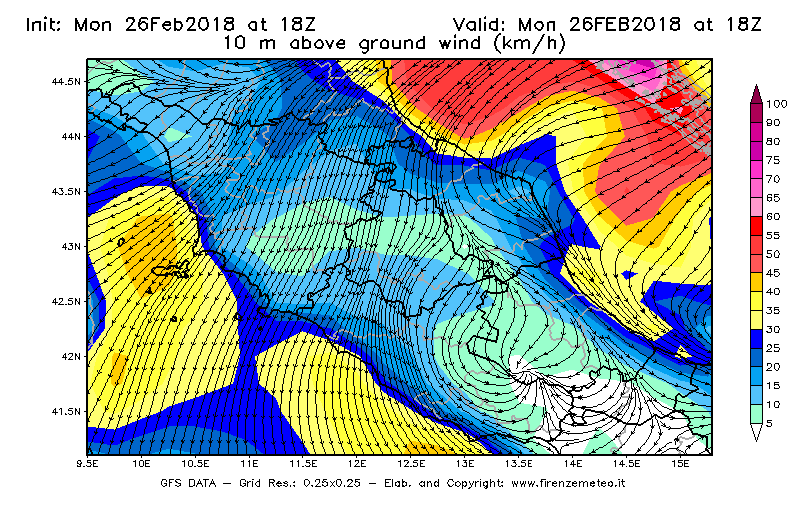 Mappa di analisi GFS - Velocità del vento a 10 metri dal suolo [km/h] in Centro-Italia
							del 26/02/2018 18 <!--googleoff: index-->UTC<!--googleon: index-->
