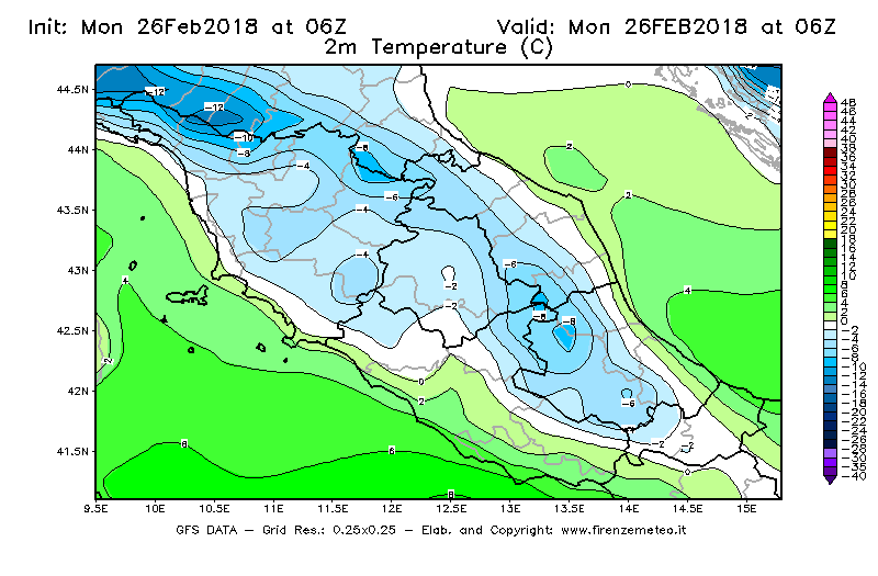 Mappa di analisi GFS - Temperatura a 2 metri dal suolo [°C] in Centro-Italia
							del 26/02/2018 06 <!--googleoff: index-->UTC<!--googleon: index-->