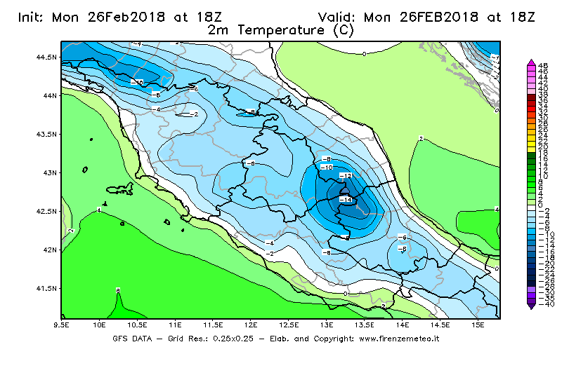 Mappa di analisi GFS - Temperatura a 2 metri dal suolo [°C] in Centro-Italia
							del 26/02/2018 18 <!--googleoff: index-->UTC<!--googleon: index-->