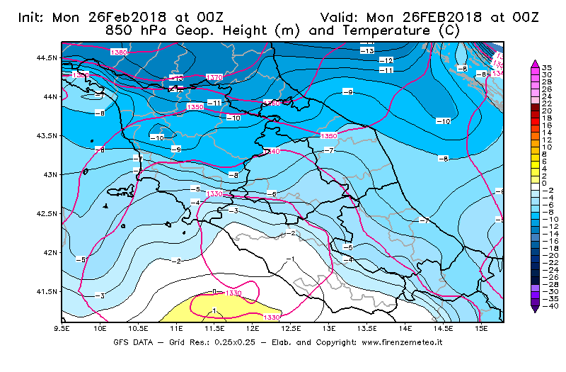 Mappa di analisi GFS - Geopotenziale [m] e Temperatura [°C] a 850 hPa in Centro-Italia
							del 26/02/2018 00 <!--googleoff: index-->UTC<!--googleon: index-->