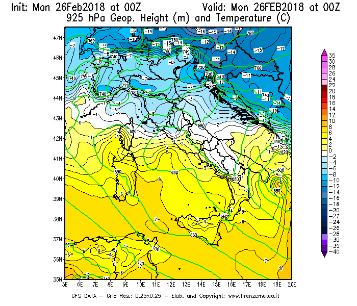 Mappa di analisi GFS - Geopotenziale [m] e Temperatura [°C] a 925 hPa in Italia
							del 26/02/2018 00 <!--googleoff: index-->UTC<!--googleon: index-->