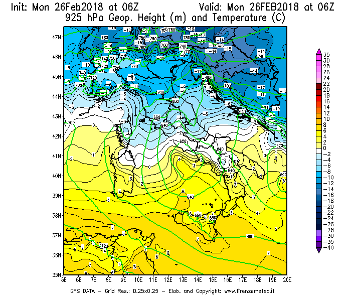 Mappa di analisi GFS - Geopotenziale [m] e Temperatura [°C] a 925 hPa in Italia
							del 26/02/2018 06 <!--googleoff: index-->UTC<!--googleon: index-->