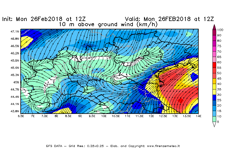 Mappa di analisi GFS - Velocità del vento a 10 metri dal suolo [km/h] in Nord-Italia
							del 26/02/2018 12 <!--googleoff: index-->UTC<!--googleon: index-->