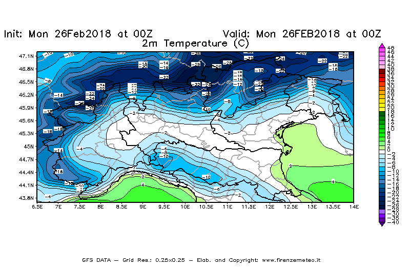 Mappa di analisi GFS - Temperatura a 2 metri dal suolo [°C] in Nord-Italia
							del 26/02/2018 00 <!--googleoff: index-->UTC<!--googleon: index-->