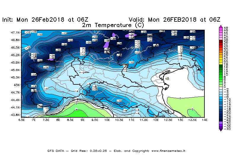 Mappa di analisi GFS - Temperatura a 2 metri dal suolo [°C] in Nord-Italia
							del 26/02/2018 06 <!--googleoff: index-->UTC<!--googleon: index-->