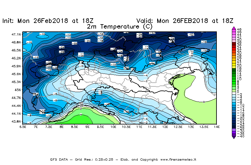Mappa di analisi GFS - Temperatura a 2 metri dal suolo [°C] in Nord-Italia
							del 26/02/2018 18 <!--googleoff: index-->UTC<!--googleon: index-->