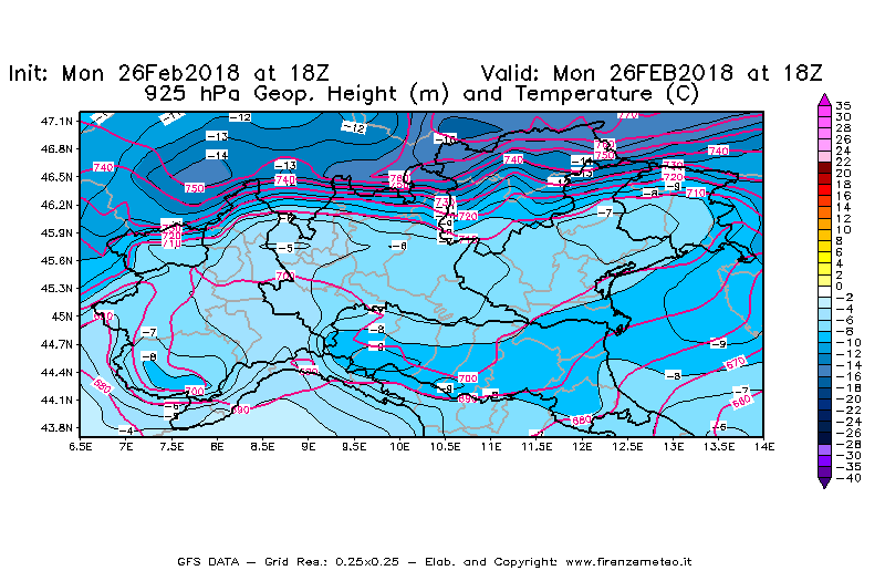 Mappa di analisi GFS - Geopotenziale [m] e Temperatura [°C] a 925 hPa in Nord-Italia
							del 26/02/2018 18 <!--googleoff: index-->UTC<!--googleon: index-->