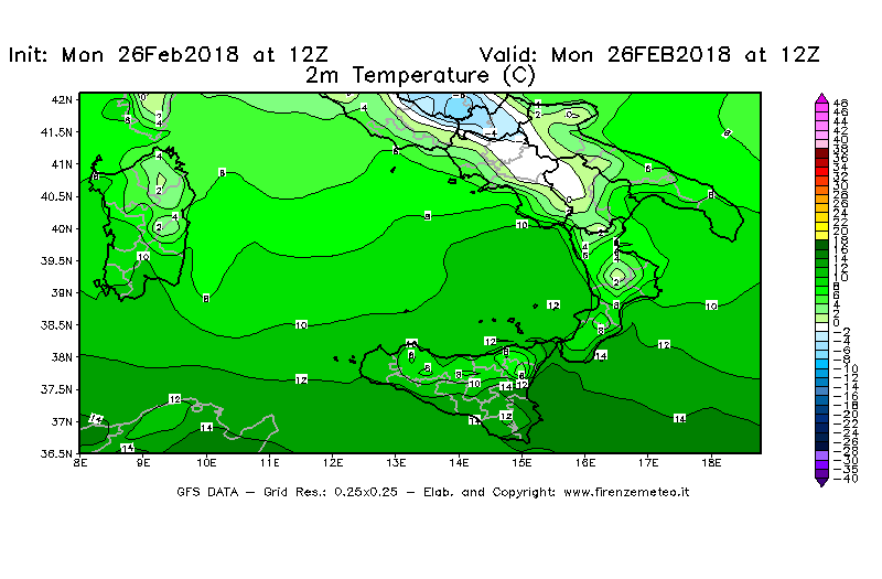 Mappa di analisi GFS - Temperatura a 2 metri dal suolo [°C] in Sud-Italia
							del 26/02/2018 12 <!--googleoff: index-->UTC<!--googleon: index-->
