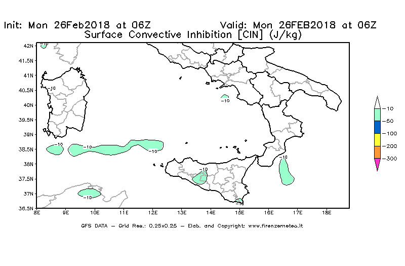 Mappa di analisi GFS - CIN [J/kg] in Sud-Italia
							del 26/02/2018 06 <!--googleoff: index-->UTC<!--googleon: index-->