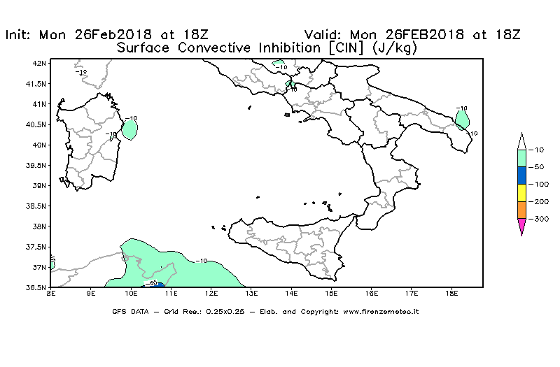 Mappa di analisi GFS - CIN [J/kg] in Sud-Italia
							del 26/02/2018 18 <!--googleoff: index-->UTC<!--googleon: index-->