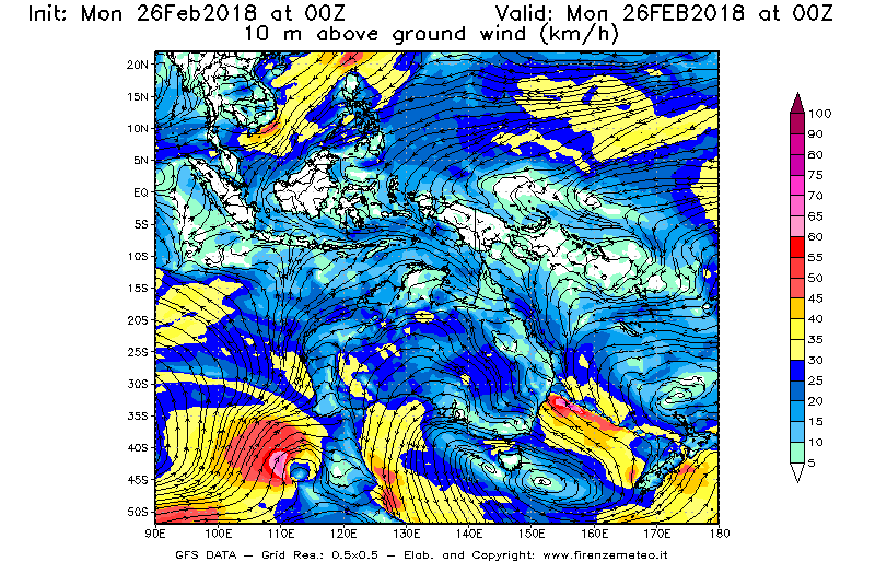 Mappa di analisi GFS - Velocità del vento a 10 metri dal suolo [km/h] in Oceania
							del 26/02/2018 00 <!--googleoff: index-->UTC<!--googleon: index-->