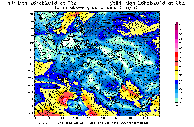 Mappa di analisi GFS - Velocità del vento a 10 metri dal suolo [km/h] in Oceania
							del 26/02/2018 06 <!--googleoff: index-->UTC<!--googleon: index-->