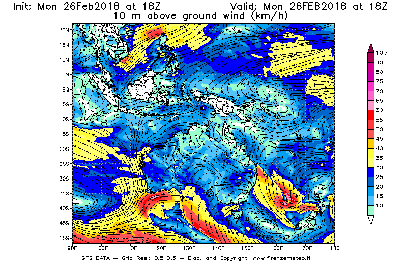 Mappa di analisi GFS - Velocità del vento a 10 metri dal suolo [km/h] in Oceania
							del 26/02/2018 18 <!--googleoff: index-->UTC<!--googleon: index-->