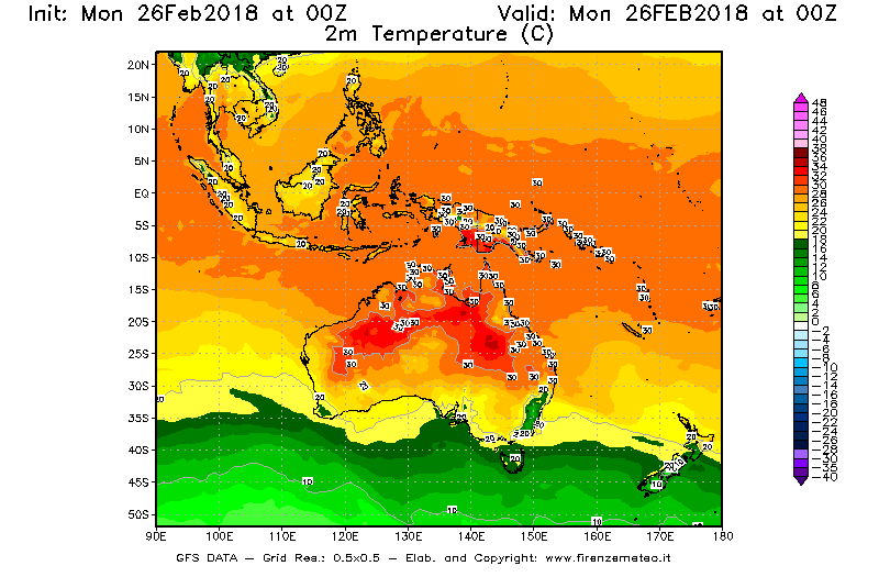 Mappa di analisi GFS - Temperatura a 2 metri dal suolo [°C] in Oceania
							del 26/02/2018 00 <!--googleoff: index-->UTC<!--googleon: index-->