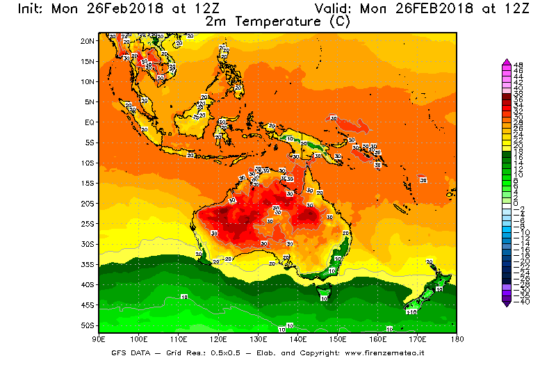Mappa di analisi GFS - Temperatura a 2 metri dal suolo [°C] in Oceania
							del 26/02/2018 12 <!--googleoff: index-->UTC<!--googleon: index-->