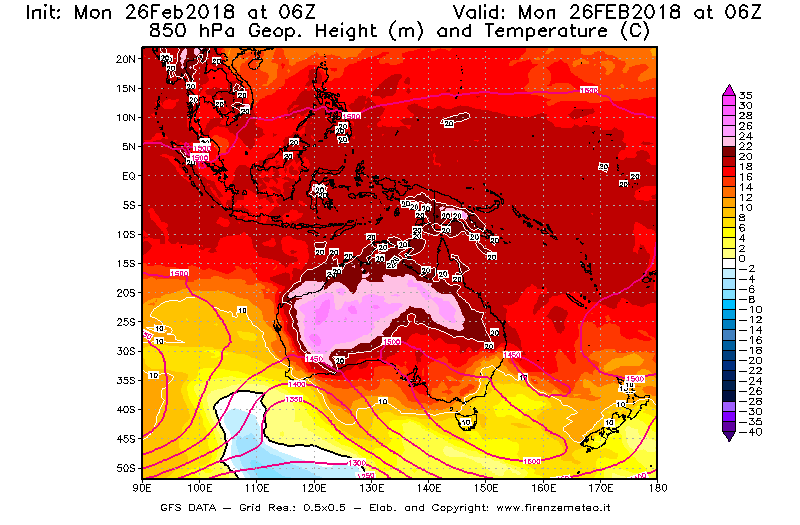 Mappa di analisi GFS - Geopotenziale [m] e Temperatura [°C] a 850 hPa in Oceania
							del 26/02/2018 06 <!--googleoff: index-->UTC<!--googleon: index-->