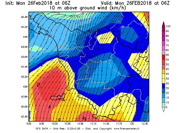Mappa di analisi GFS - Velocità del vento a 10 metri dal suolo [km/h] in Toscana
							del 26/02/2018 06 <!--googleoff: index-->UTC<!--googleon: index-->