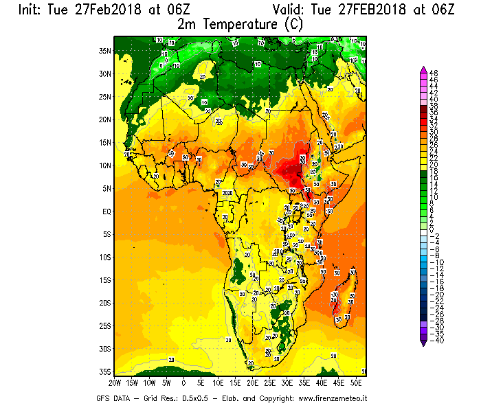 Mappa di analisi GFS - Temperatura a 2 metri dal suolo [°C] in Africa
							del 27/02/2018 06 <!--googleoff: index-->UTC<!--googleon: index-->