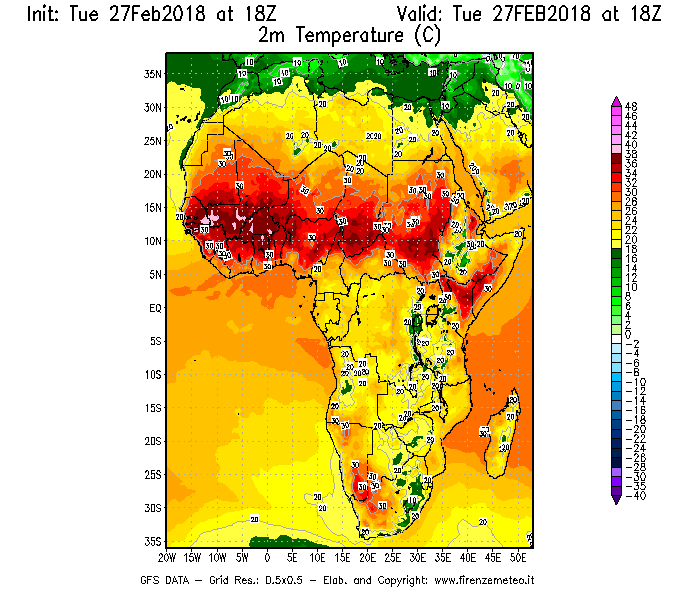 Mappa di analisi GFS - Temperatura a 2 metri dal suolo [°C] in Africa
							del 27/02/2018 18 <!--googleoff: index-->UTC<!--googleon: index-->