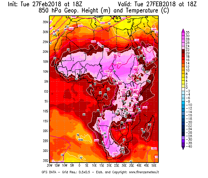 Mappa di analisi GFS - Geopotenziale [m] e Temperatura [°C] a 850 hPa in Africa
							del 27/02/2018 18 <!--googleoff: index-->UTC<!--googleon: index-->