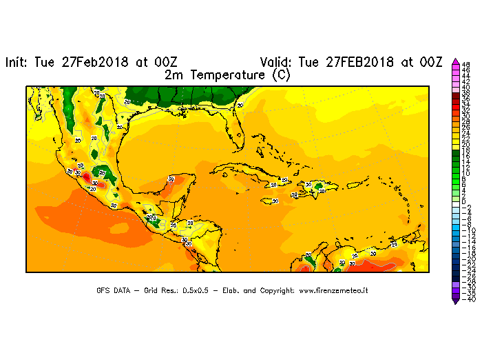 Mappa di analisi GFS - Temperatura a 2 metri dal suolo [°C] in Centro-America
							del 27/02/2018 00 <!--googleoff: index-->UTC<!--googleon: index-->
