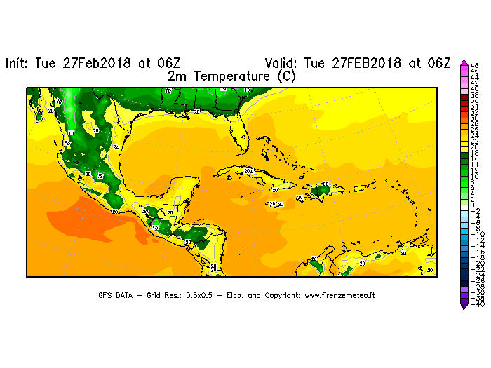 Mappa di analisi GFS - Temperatura a 2 metri dal suolo [°C] in Centro-America
							del 27/02/2018 06 <!--googleoff: index-->UTC<!--googleon: index-->