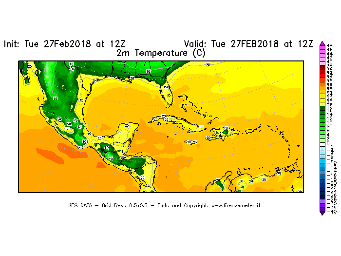 Mappa di analisi GFS - Temperatura a 2 metri dal suolo [°C] in Centro-America
							del 27/02/2018 12 <!--googleoff: index-->UTC<!--googleon: index-->