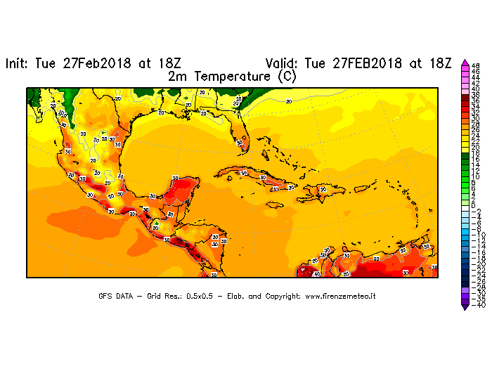 Mappa di analisi GFS - Temperatura a 2 metri dal suolo [°C] in Centro-America
							del 27/02/2018 18 <!--googleoff: index-->UTC<!--googleon: index-->