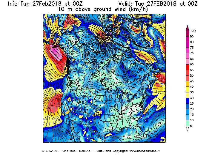 Mappa di analisi GFS - Velocità del vento a 10 metri dal suolo [km/h] in Nord-America
							del 27/02/2018 00 <!--googleoff: index-->UTC<!--googleon: index-->