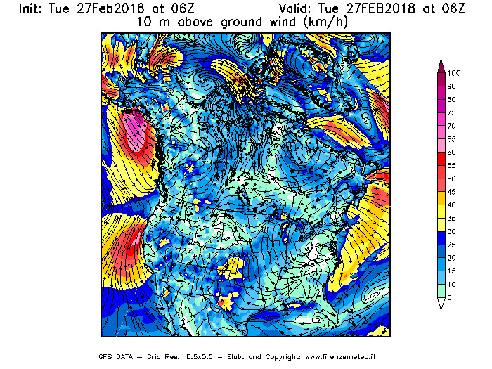 Mappa di analisi GFS - Velocità del vento a 10 metri dal suolo [km/h] in Nord-America
							del 27/02/2018 06 <!--googleoff: index-->UTC<!--googleon: index-->