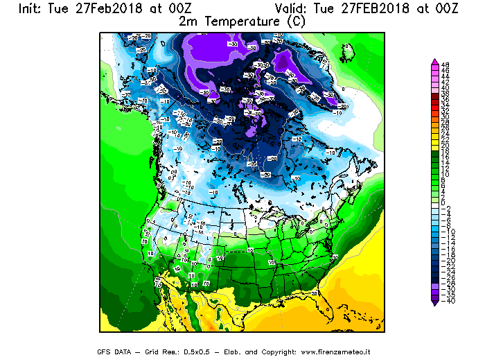 Mappa di analisi GFS - Temperatura a 2 metri dal suolo [°C] in Nord-America
							del 27/02/2018 00 <!--googleoff: index-->UTC<!--googleon: index-->