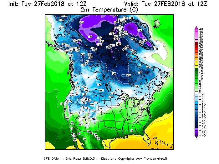 Mappa di analisi GFS - Temperatura a 2 metri dal suolo [°C] in Nord-America
							del 27/02/2018 12 <!--googleoff: index-->UTC<!--googleon: index-->