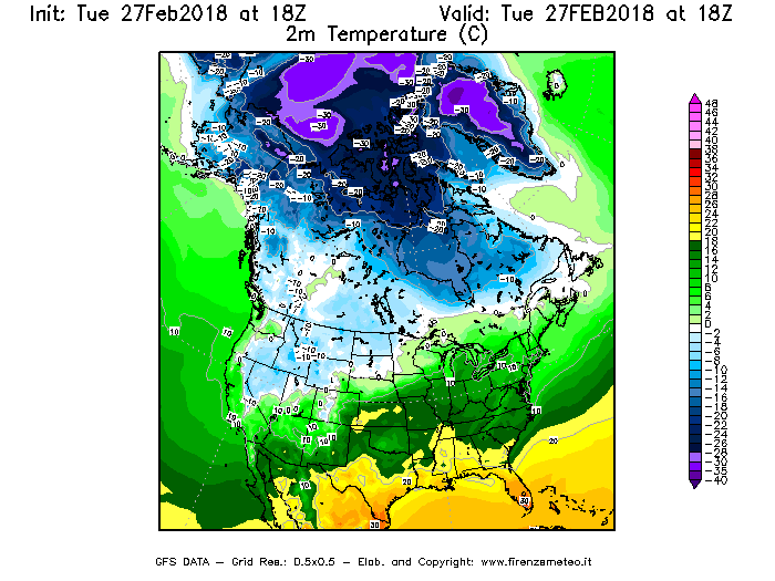 Mappa di analisi GFS - Temperatura a 2 metri dal suolo [°C] in Nord-America
							del 27/02/2018 18 <!--googleoff: index-->UTC<!--googleon: index-->