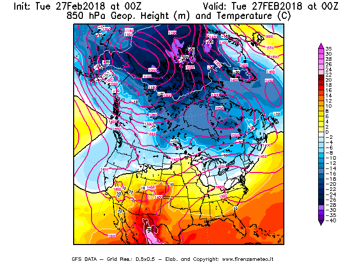 Mappa di analisi GFS - Geopotenziale [m] e Temperatura [°C] a 850 hPa in Nord-America
							del 27/02/2018 00 <!--googleoff: index-->UTC<!--googleon: index-->
