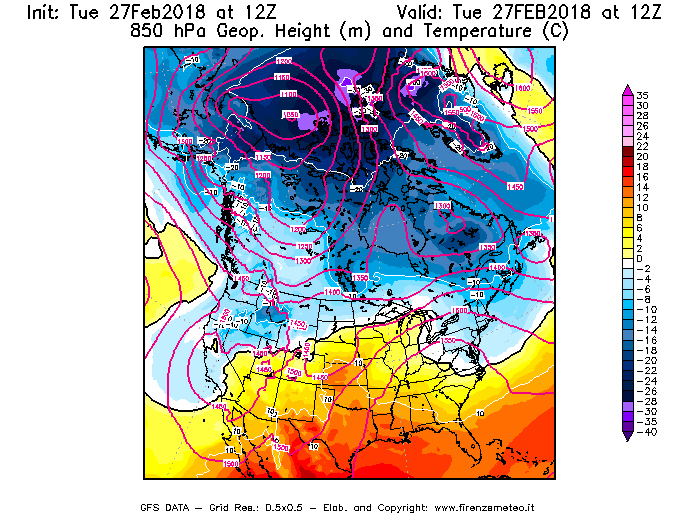 Mappa di analisi GFS - Geopotenziale [m] e Temperatura [°C] a 850 hPa in Nord-America
							del 27/02/2018 12 <!--googleoff: index-->UTC<!--googleon: index-->