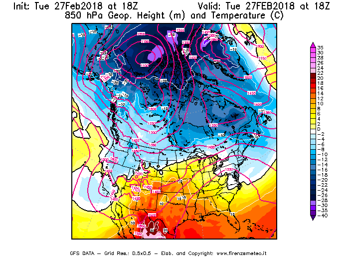 Mappa di analisi GFS - Geopotenziale [m] e Temperatura [°C] a 850 hPa in Nord-America
							del 27/02/2018 18 <!--googleoff: index-->UTC<!--googleon: index-->