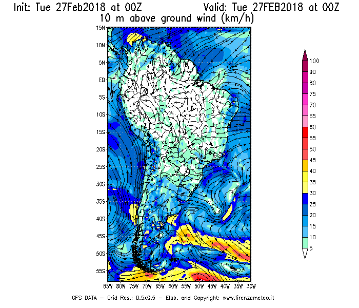 Mappa di analisi GFS - Velocità del vento a 10 metri dal suolo [km/h] in Sud-America
							del 27/02/2018 00 <!--googleoff: index-->UTC<!--googleon: index-->