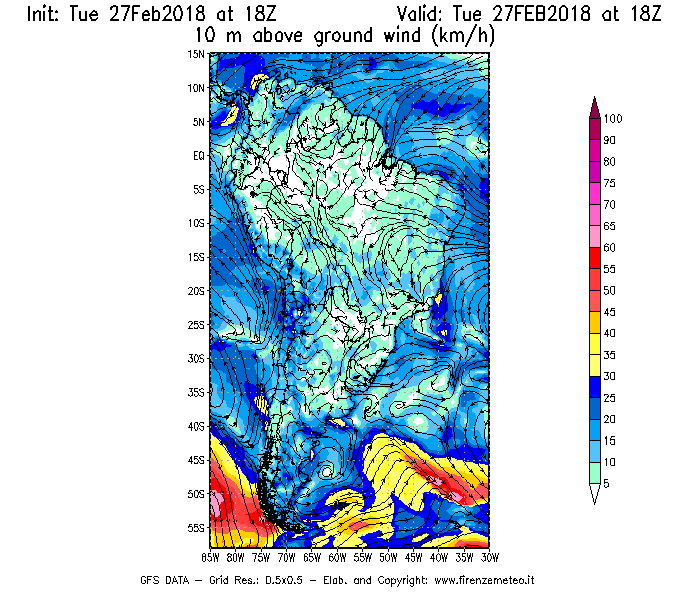 Mappa di analisi GFS - Velocità del vento a 10 metri dal suolo [km/h] in Sud-America
							del 27/02/2018 18 <!--googleoff: index-->UTC<!--googleon: index-->
