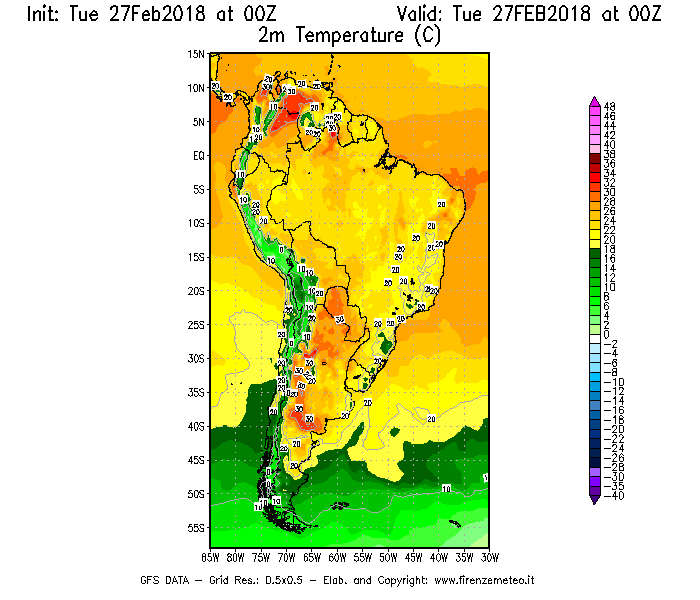 Mappa di analisi GFS - Temperatura a 2 metri dal suolo [°C] in Sud-America
							del 27/02/2018 00 <!--googleoff: index-->UTC<!--googleon: index-->