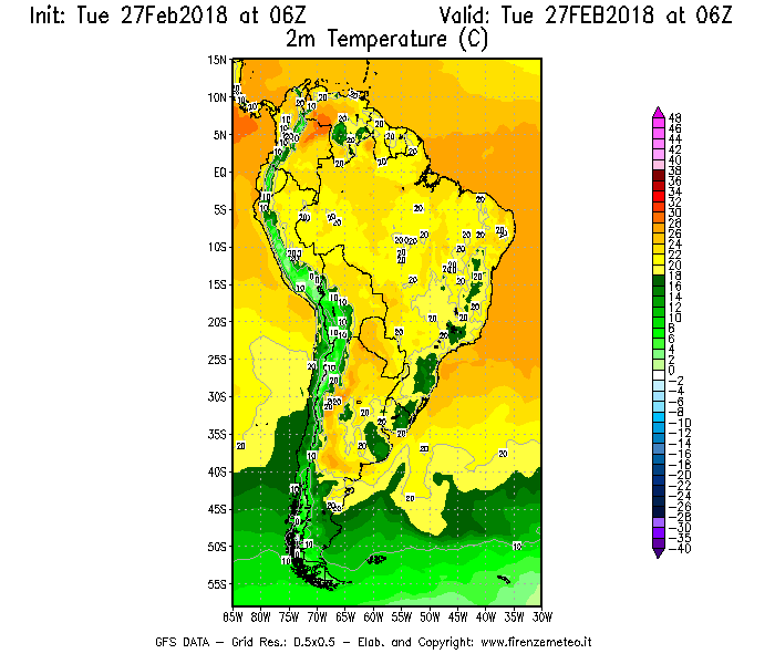 Mappa di analisi GFS - Temperatura a 2 metri dal suolo [°C] in Sud-America
							del 27/02/2018 06 <!--googleoff: index-->UTC<!--googleon: index-->