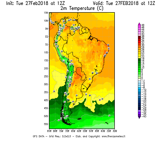 Mappa di analisi GFS - Temperatura a 2 metri dal suolo [°C] in Sud-America
							del 27/02/2018 12 <!--googleoff: index-->UTC<!--googleon: index-->