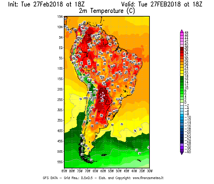 Mappa di analisi GFS - Temperatura a 2 metri dal suolo [°C] in Sud-America
							del 27/02/2018 18 <!--googleoff: index-->UTC<!--googleon: index-->