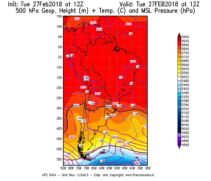 Mappa di analisi GFS - Geopotenziale [m] + Temp. [°C] a 500 hPa + Press. a livello del mare [hPa] in Sud-America
							del 27/02/2018 12 <!--googleoff: index-->UTC<!--googleon: index-->