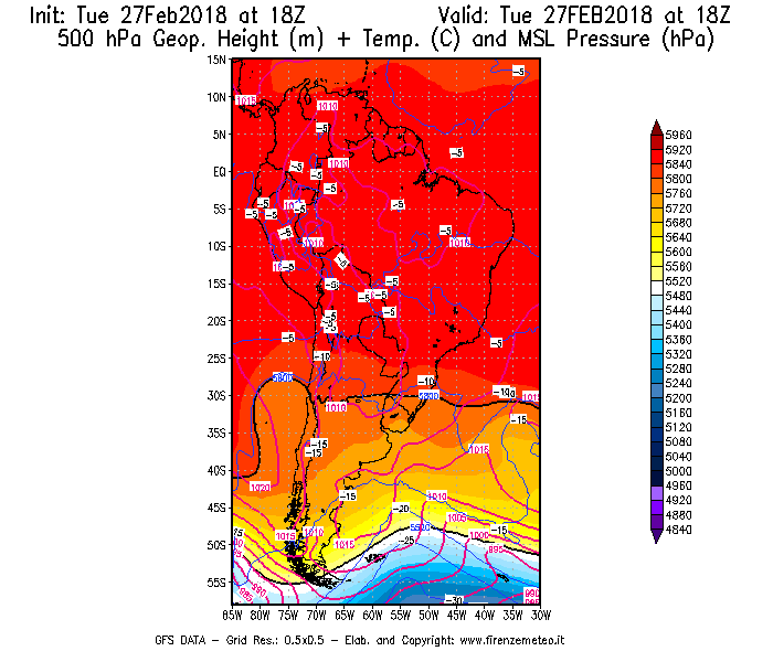 Mappa di analisi GFS - Geopotenziale [m] + Temp. [°C] a 500 hPa + Press. a livello del mare [hPa] in Sud-America
							del 27/02/2018 18 <!--googleoff: index-->UTC<!--googleon: index-->