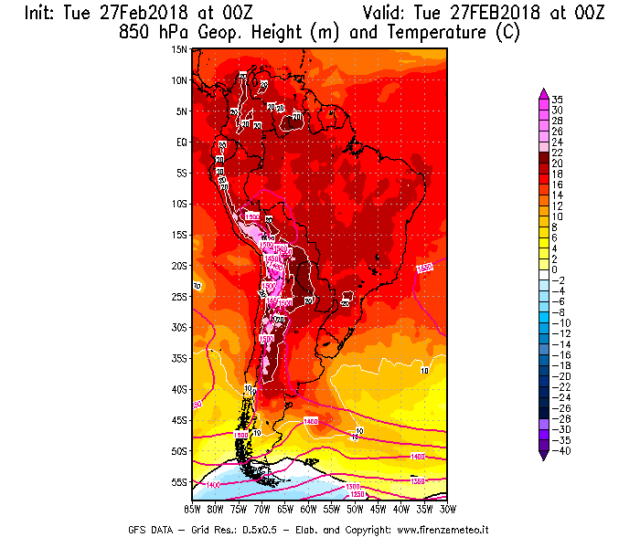 Mappa di analisi GFS - Geopotenziale [m] e Temperatura [°C] a 850 hPa in Sud-America
							del 27/02/2018 00 <!--googleoff: index-->UTC<!--googleon: index-->