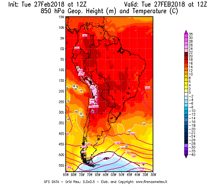 Mappa di analisi GFS - Geopotenziale [m] e Temperatura [°C] a 850 hPa in Sud-America
							del 27/02/2018 12 <!--googleoff: index-->UTC<!--googleon: index-->